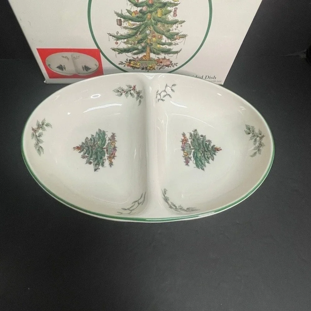 Spode Christmas Tree Oval Divided Dish Made in England Holiday Serving Platter